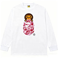 BAPE Style Baby Milo Peeking on Camo Ape Head Long-Sleeve Tee - White/Pink