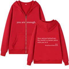 Red "You Are Enough" Quote Zip-Up Hoodie