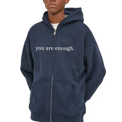Navy Blue "You Are Enough" Quote Zip-Up Hoodie