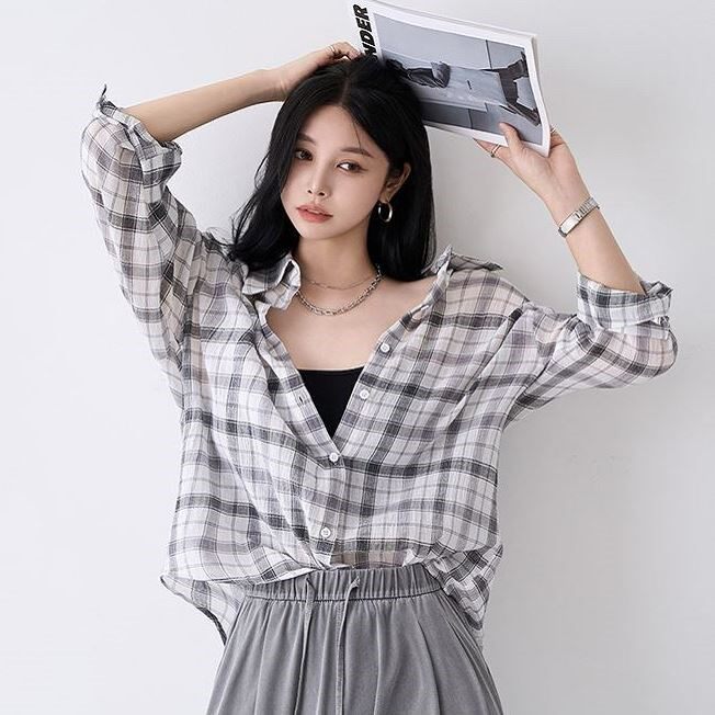 Korean-style casual checkered loose-fitting shirt