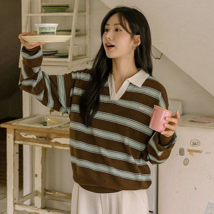 Retro casual loose knit Polo-neck top