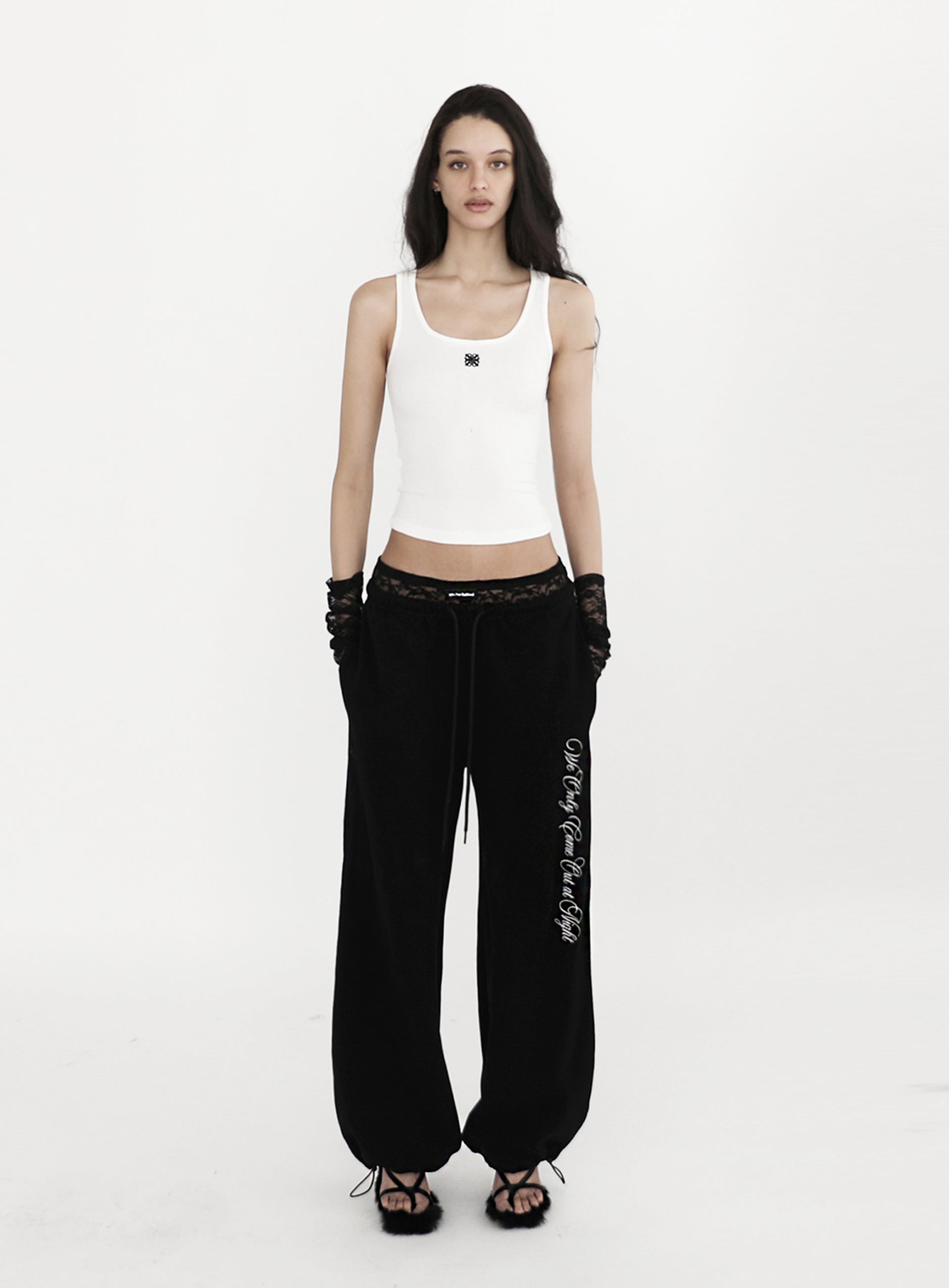 [w-pts23-057] Pure Lace Trim Jogger - Black