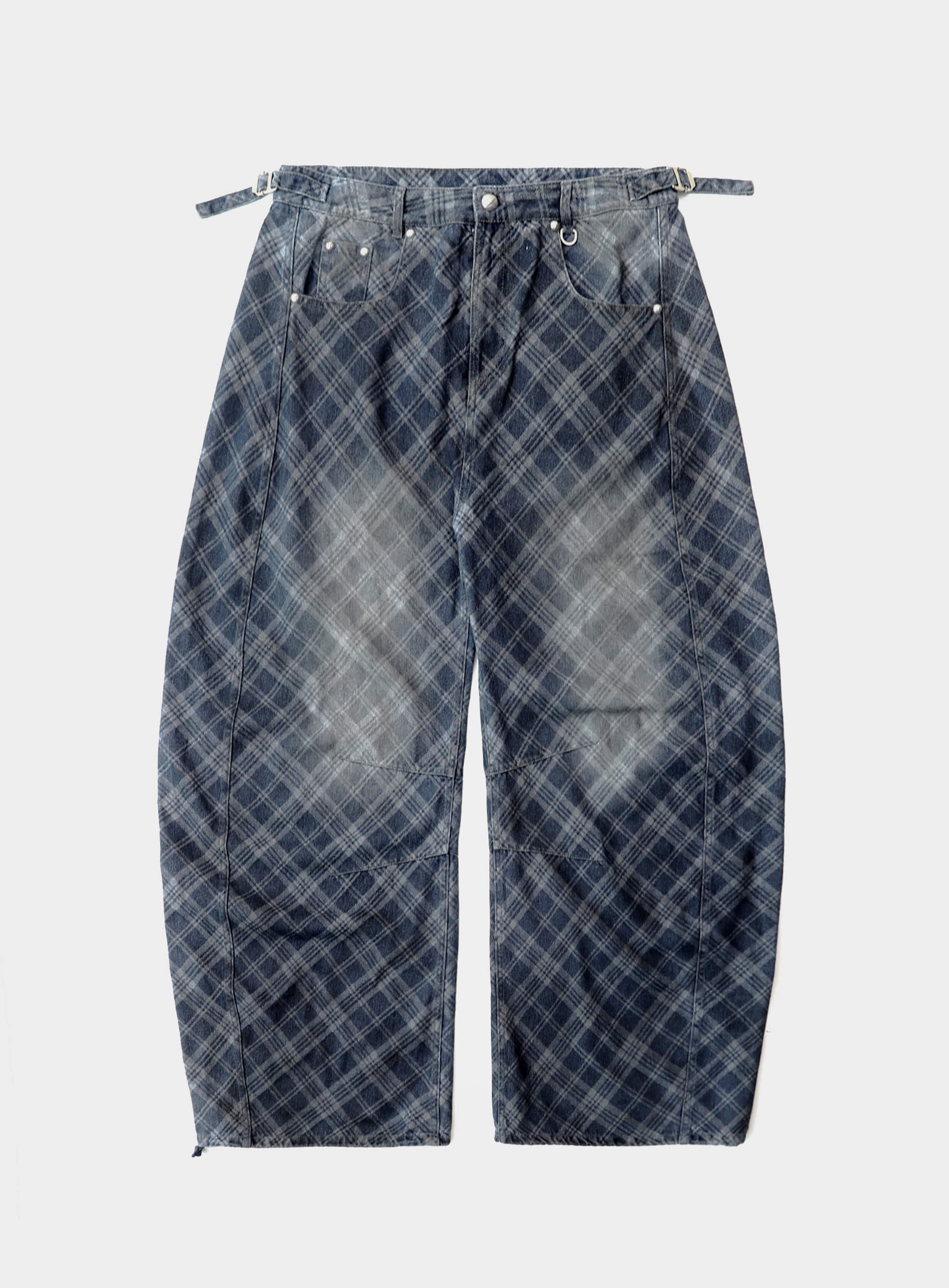 [w-pts25-036] Lion Patch Washed Barrel Pants - Blue Denim Check