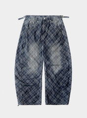 [w-pts25-036] Lion Patch Washed Barrel Pants - Blue Denim Check