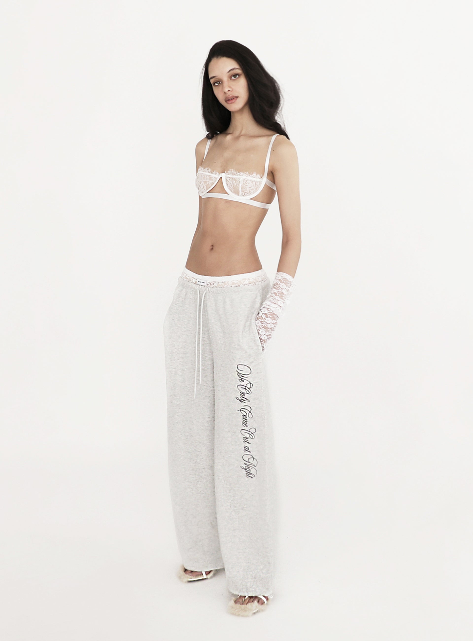 [w-pts23-056] Pure Lace Trim Jogger - Ash Gray