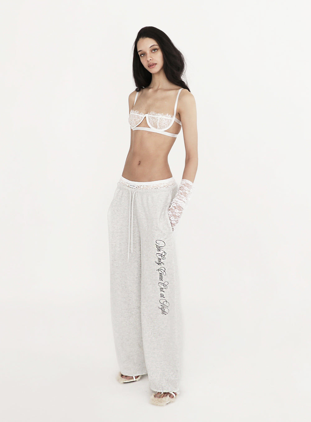 [w-pts23-056] Pure Lace Trim Jogger - Ash Gray