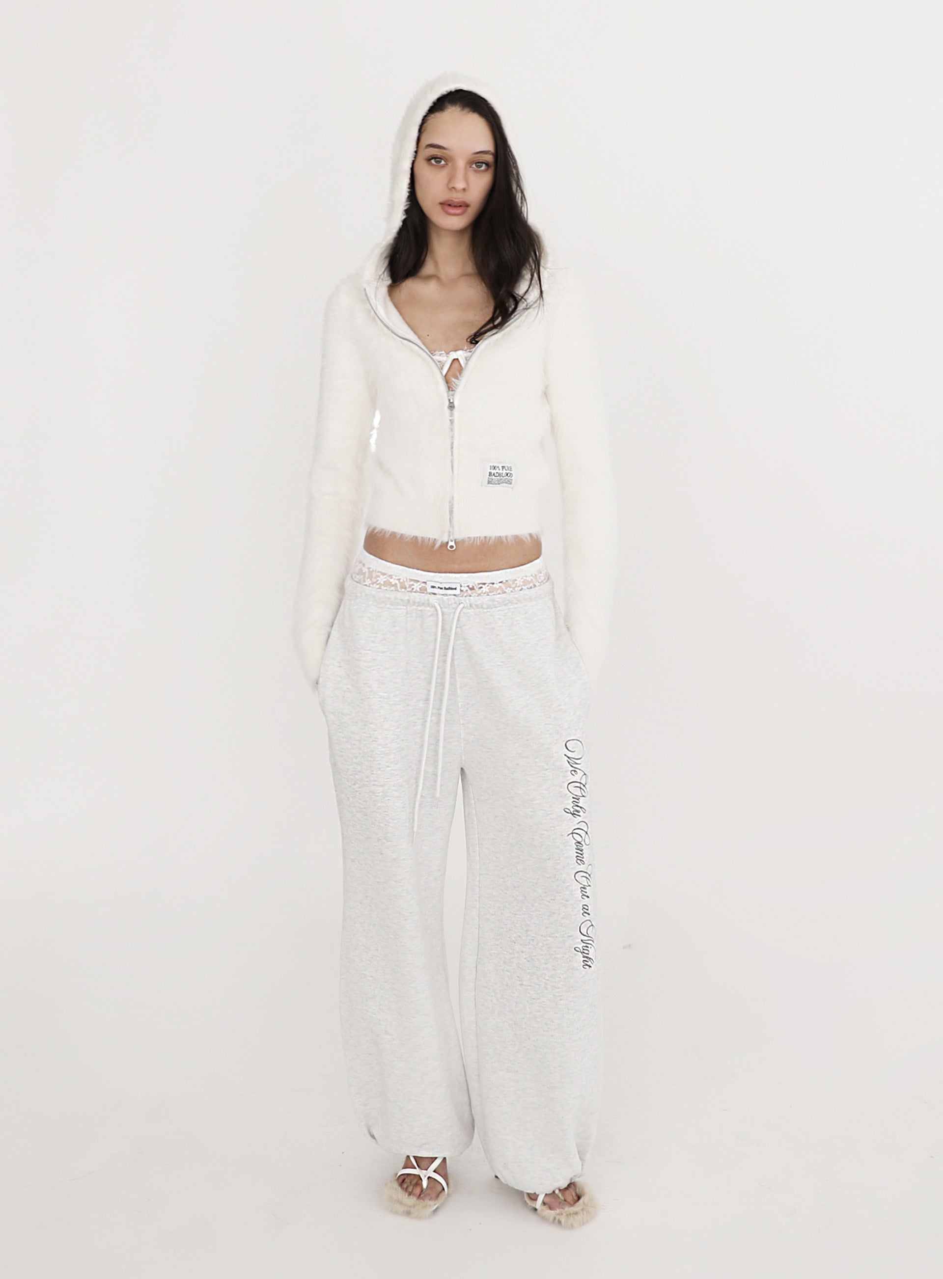 [w-pts23-056] Pure Lace Trim Jogger - Ash Gray