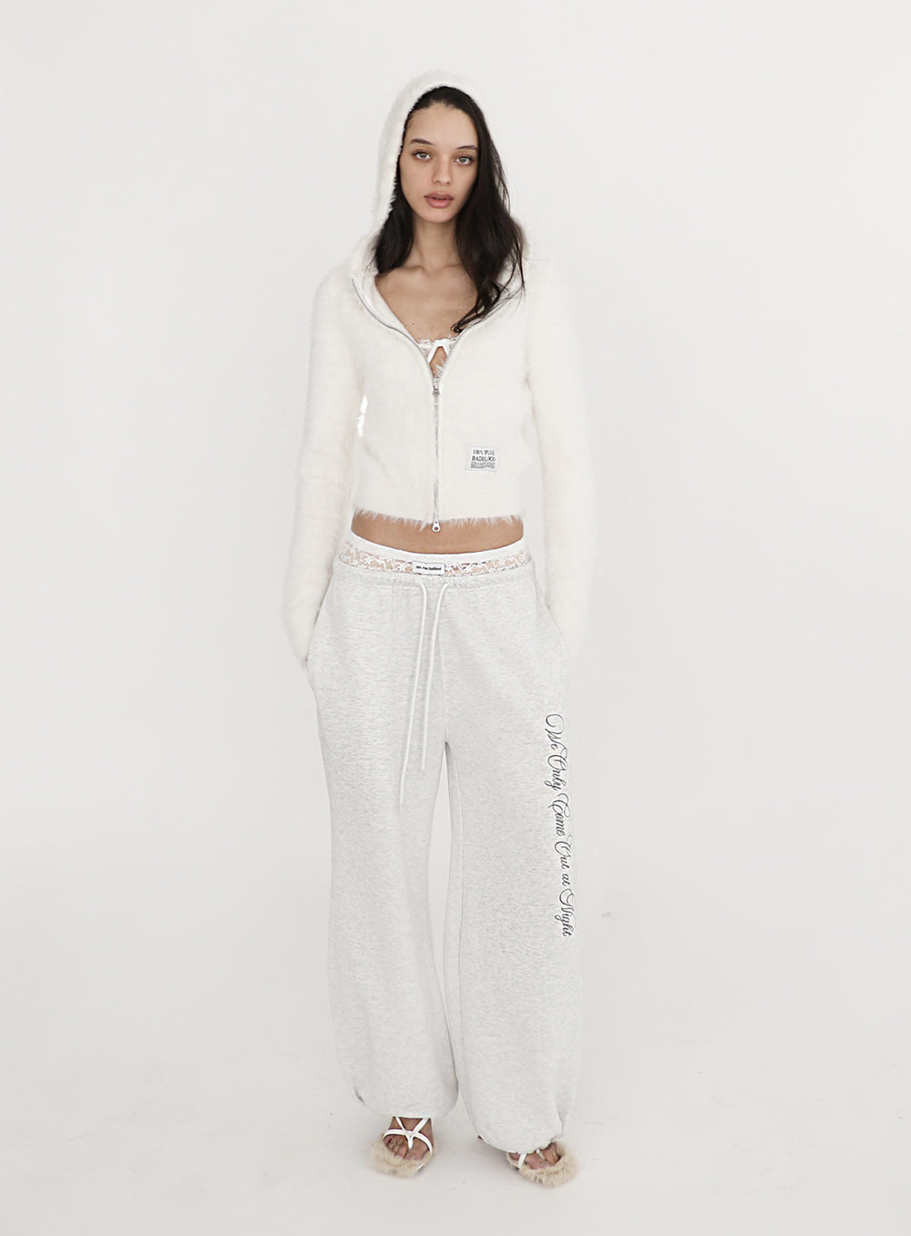 [w-pts23-056] Pure Lace Trim Jogger - Ash Gray