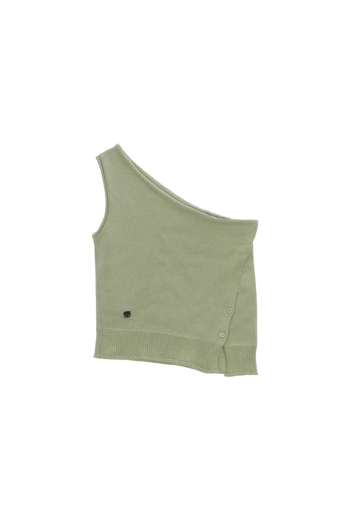 SIDE BUTTON ONE SHOULDER KNIT TOP IN GREEN