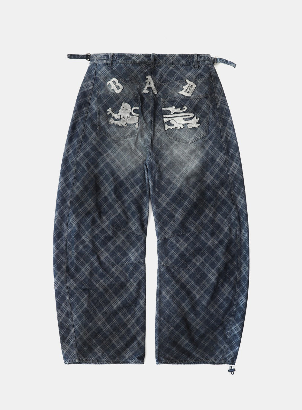 [w-pts25-036] Lion Patch Washed Barrel Pants - Blue Denim Check