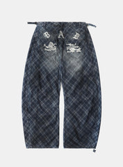 [w-pts25-036] Lion Patch Washed Barrel Pants - Blue Denim Check