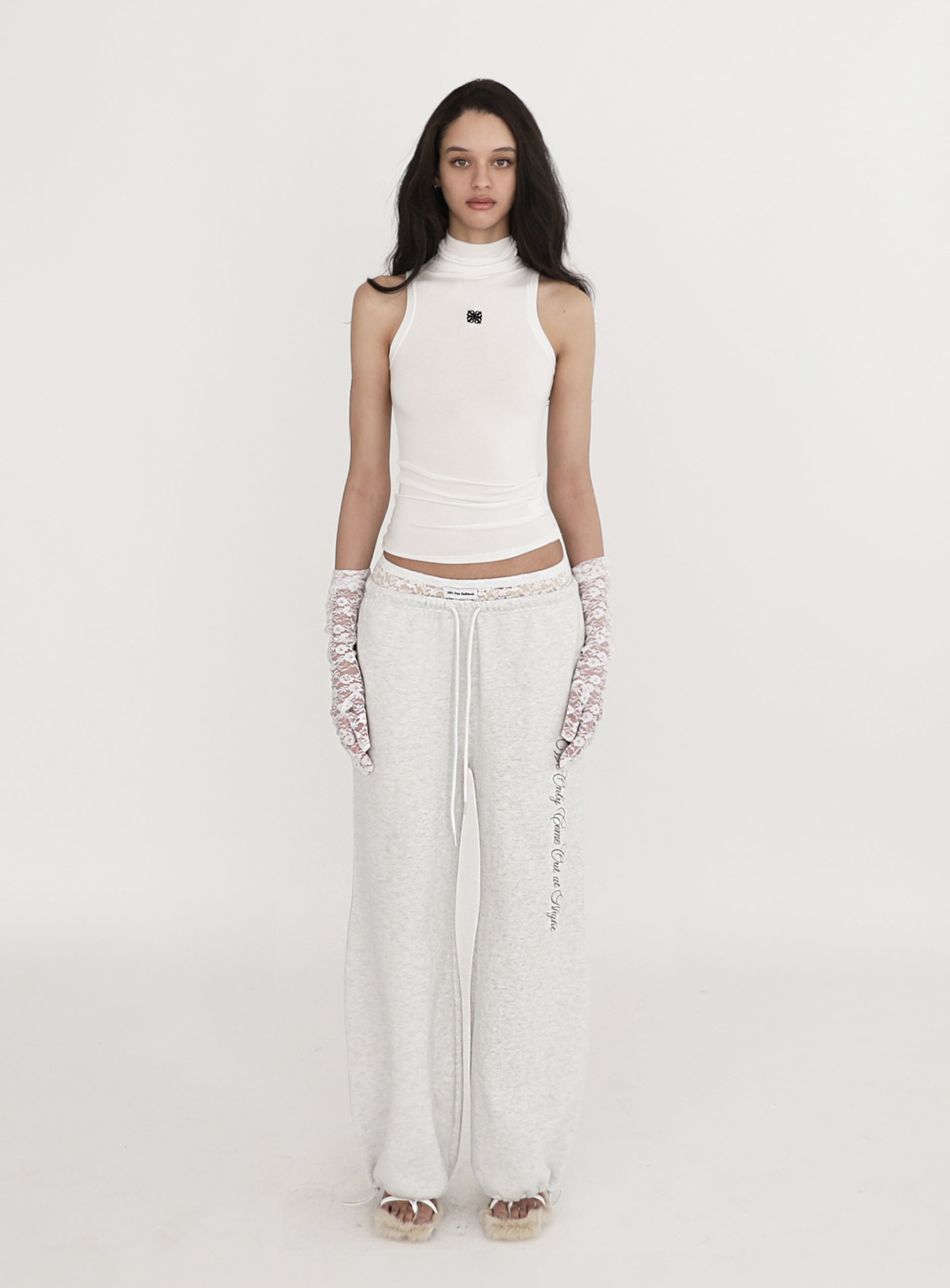 [w-pts23-056] Pure Lace Trim Jogger - Ash Gray