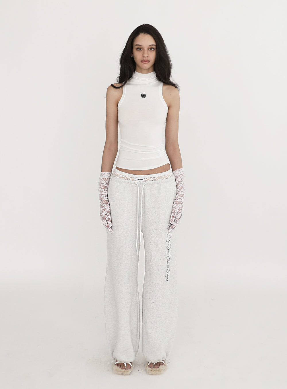 [w-pts23-056] Pure Lace Trim Jogger - Ash Gray
