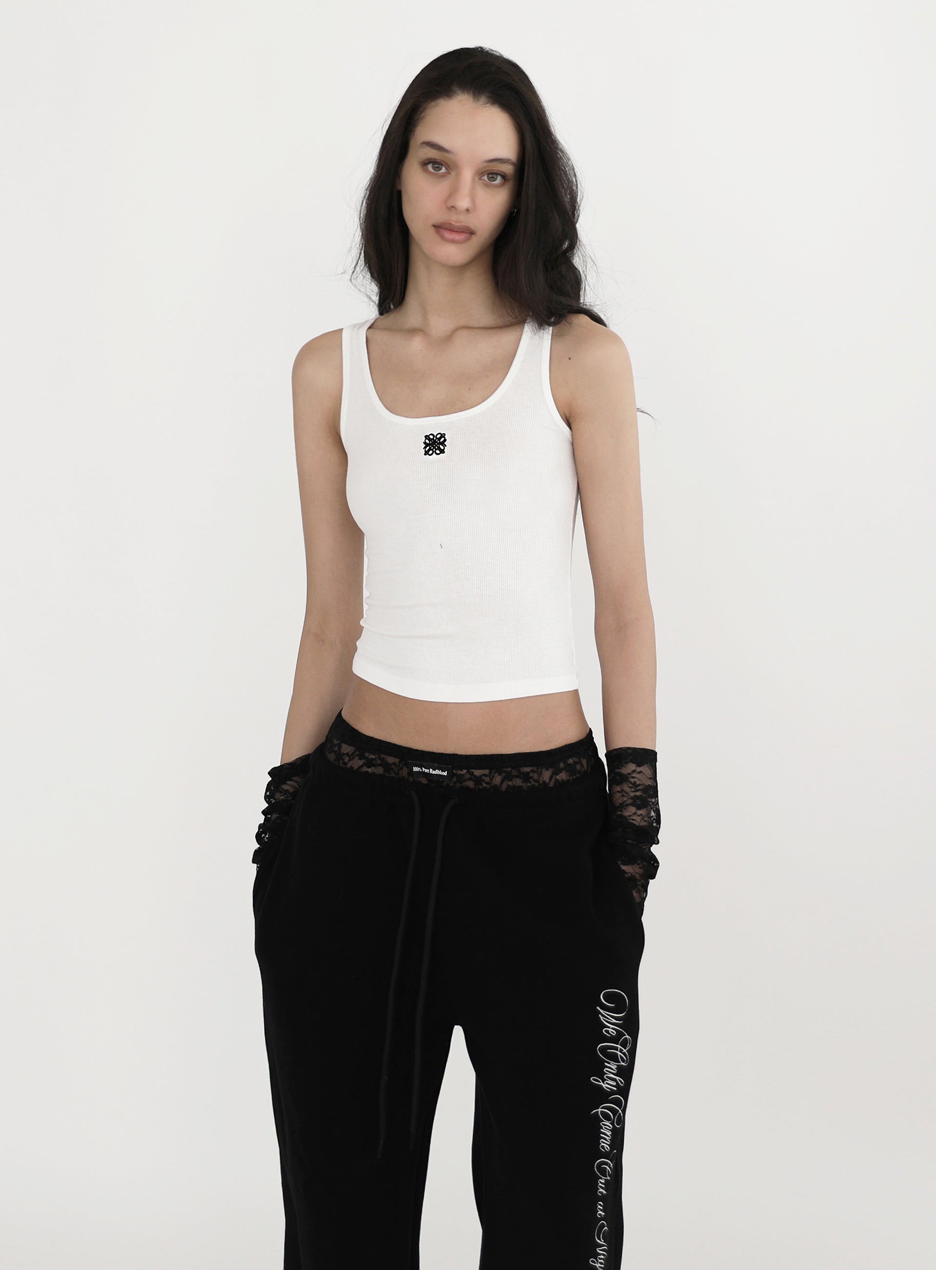 [w-pts23-057] Pure Lace Trim Jogger - Black