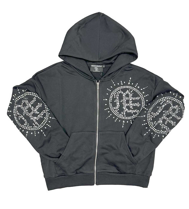 Mixed Emotions Eclipse Rhinestone Hoodie Acid Wash Grey Hover Image