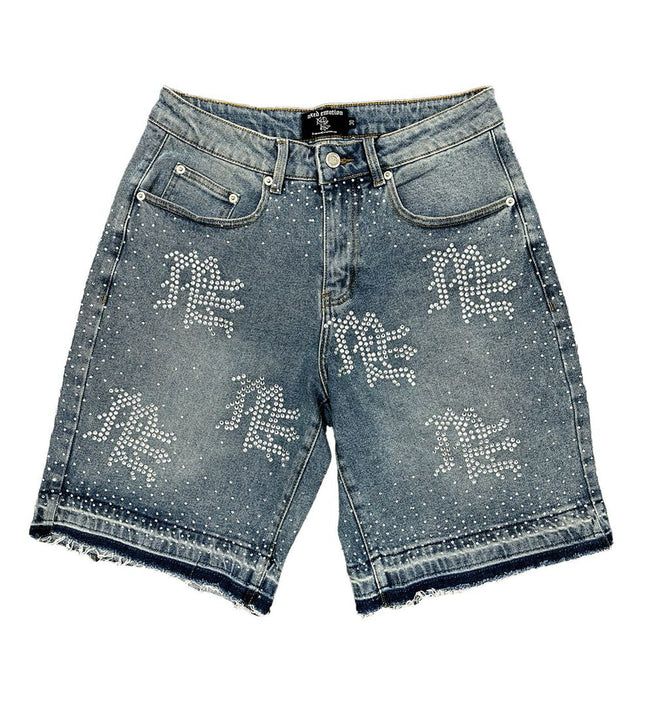 Mixed Emotions "ME" Rhinestone Denim Shorts Blue Hover Image