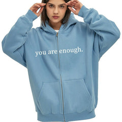 Light Blue "You Are Enough" Quote Zip-Up Hoodie