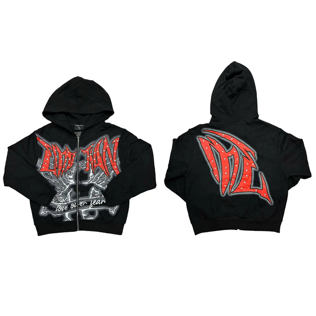 Gothic Red Rhinestone & Studded Full-Zip Hoodie - Black Hover Image