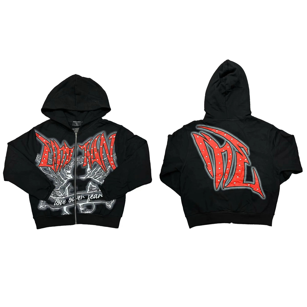 Gothic Red Rhinestone & Studded Full-Zip Hoodie - Black