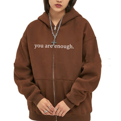 Brown "You Are Enough" Quote Zip-Up Hoodie
