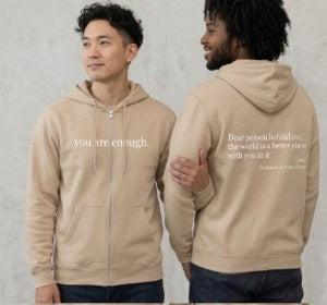 Beige "You Are Enough" Quote Zip-Up Hoodie
