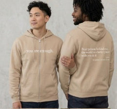 Beige "You Are Enough" Quote Zip-Up Hoodie