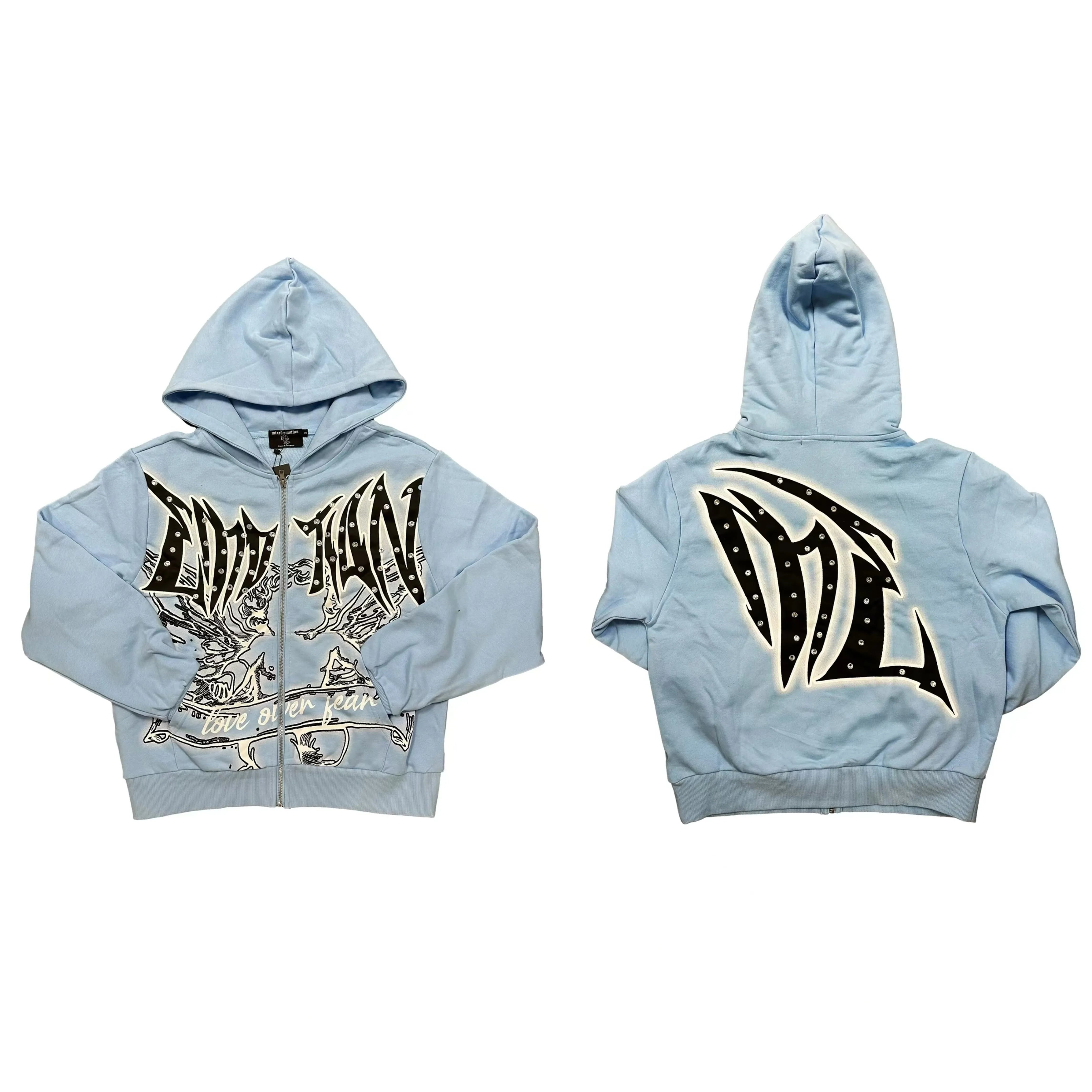 Gothic Light Blue Rhinestone & Studded Full-Zip Hoodie