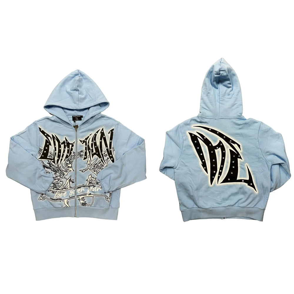Gothic Light Blue Rhinestone & Studded Full-Zip Hoodie