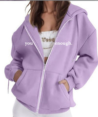 Purple "You Are Enough" Quote Zip-Up Hoodie