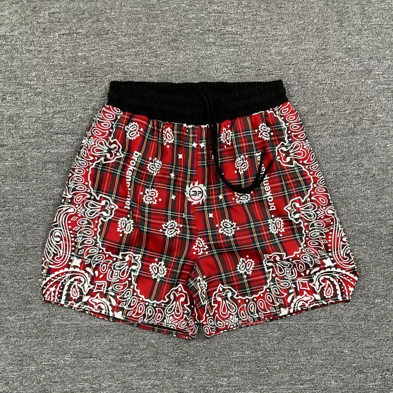Broken Planet embroidered cashew flower full print striped checkered drawstring shorts