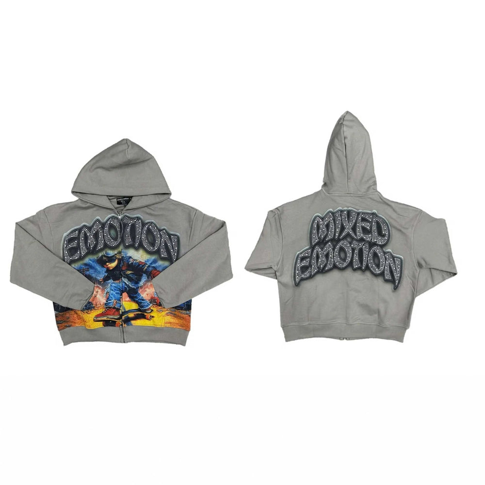 Grey Rhinestone Graphic Full-Zip Hoodie
