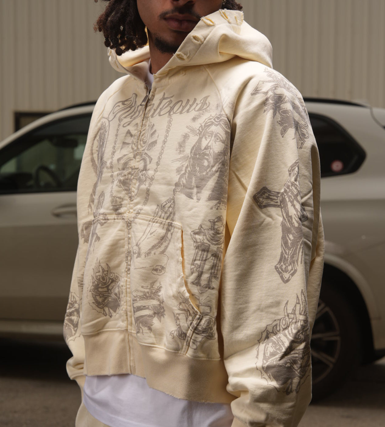 Righteous Tattoo Zip Up Hoodie Cream