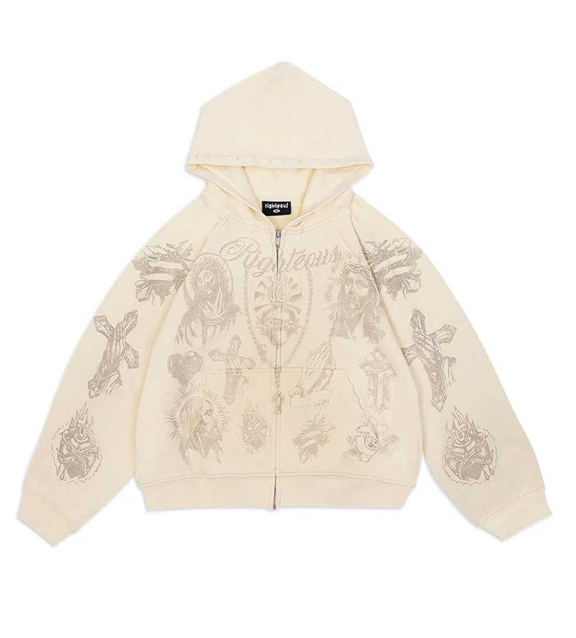 Righteous Tattoo Zip Up Hoodie Cream Hover Image