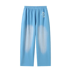 Washed and distressed printed loose blue jogging pants