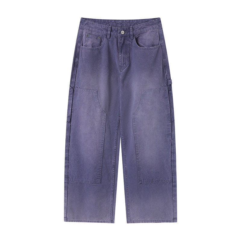 Blue water-washed distressed loggers' pants for casual office wear straight cargo pants