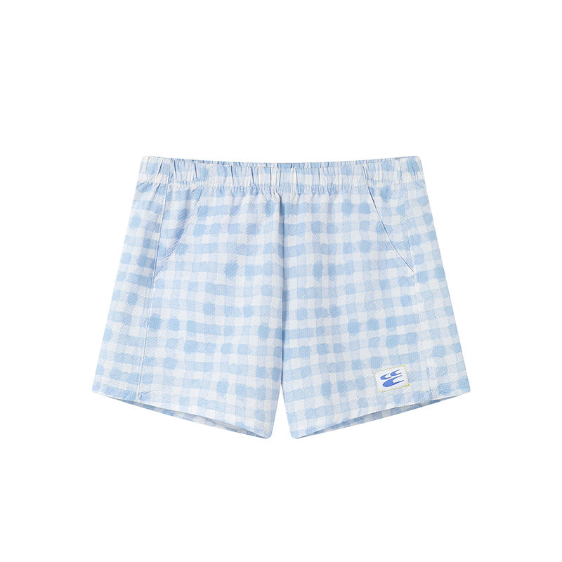 Bubble-sheen light blue hand-painted checkered loose-fitting home and leisure shorts
