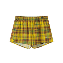 Printed athletic shorts with check pattern, leopard print and floral design, featuring an inner lining