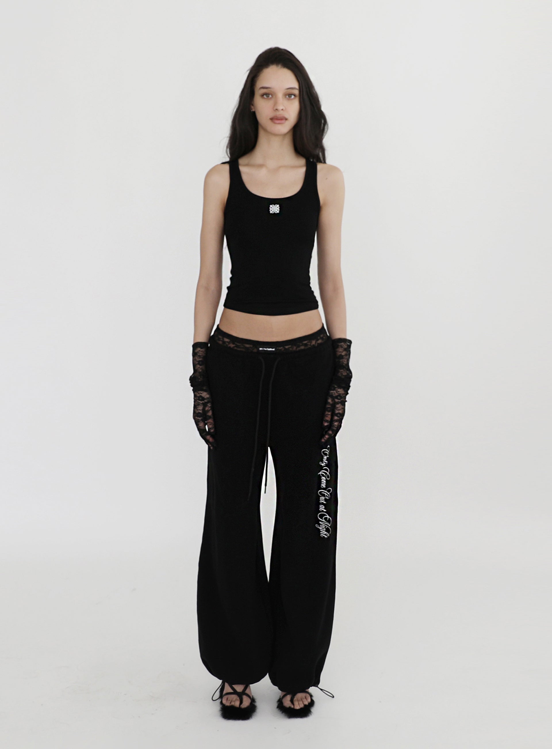 [w-pts23-057] Pure Lace Trim Jogger - Black