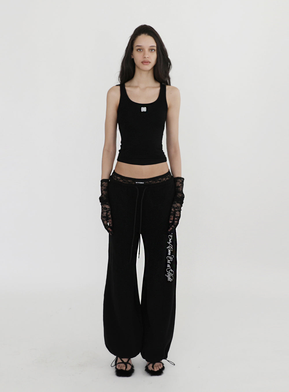[w-pts23-057] Pure Lace Trim Jogger - Black