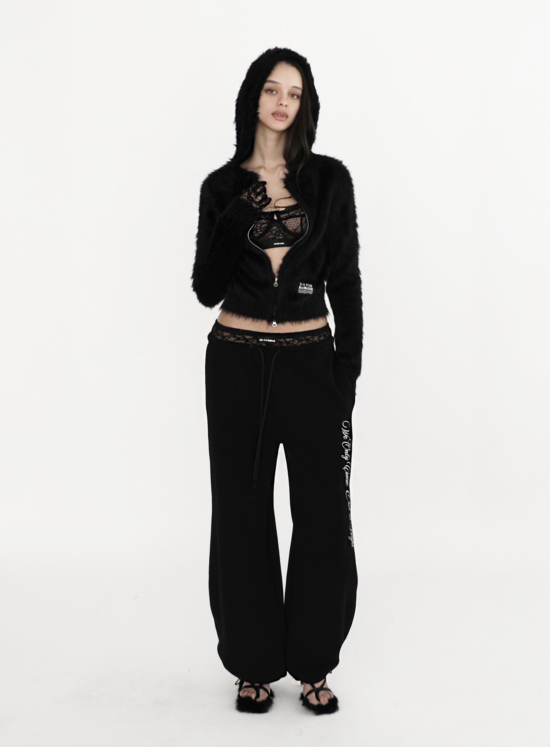 [w-pts23-057] Pure Lace Trim Jogger - Black