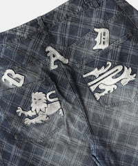 [w-pts25-036] Lion Patch Washed Barrel Pants - Blue Denim Check
