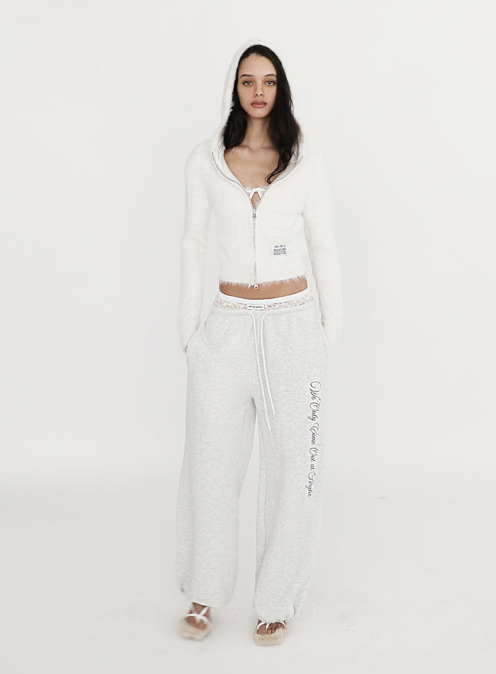 [w-pts23-056] Pure Lace Trim Jogger - Ash Gray